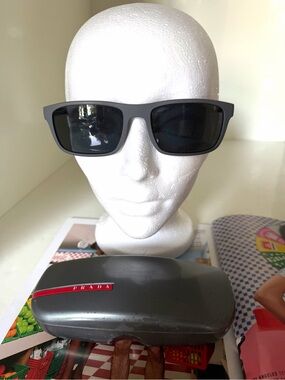 Prada Matte Gray and Black Sunglasses with Dark Lenses & Red Logo